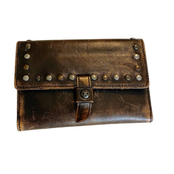 Patricia Nash Brown Distressed Leather Trifold Wallet with Mixed Metal Studs - Picture 1 of 9